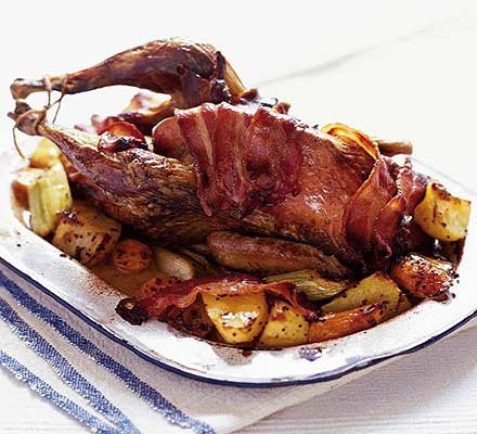 Guinea fowl with mustard & lemon roots recipe 