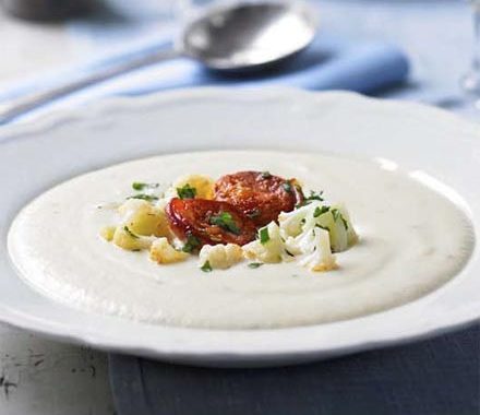 Potage Dubarry with crisp chorizo (Creamy cauliflower soup) recipe