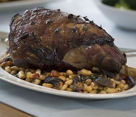 Roast red wine lamb with Italian beans recipe