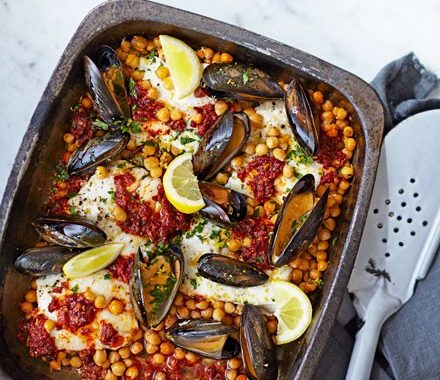 Nduja-baked hake with chickpeas, mussels & gremolata recipe