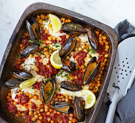 Nduja-baked hake with chickpeas, mussels & gremolata recipe 