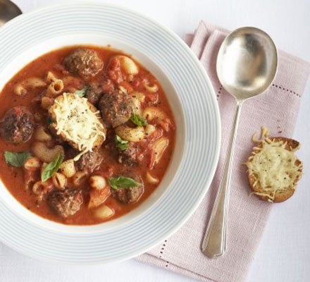 Pasta & meatball soup with cheesy croutons recipe 