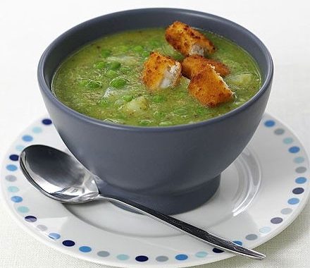 Pea & pesto soup with fish finger croûtons recipe