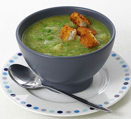Pea & pesto soup with fish finger croûtons recipe 