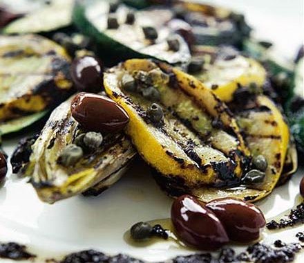 Courgettes & chicory with black olive dressing recipe