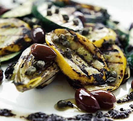 Courgettes & chicory with black olive dressing recipe 