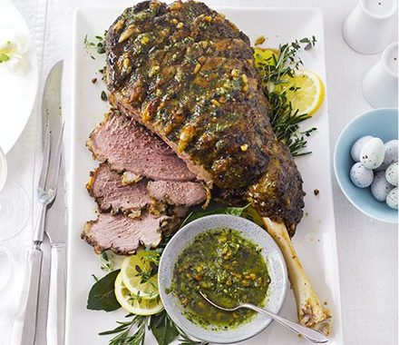 Roast leg of lamb with basil & mint pesto recipe