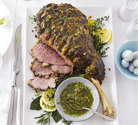 Roast leg of lamb with basil & mint pesto recipe 