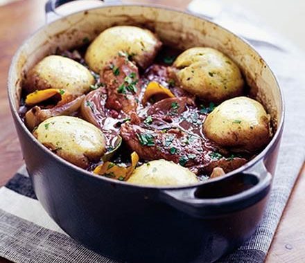 Chicken & red wine casserole with herby dumplings recipe