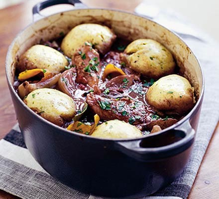 Chicken & red wine casserole with herby dumplings recipe 