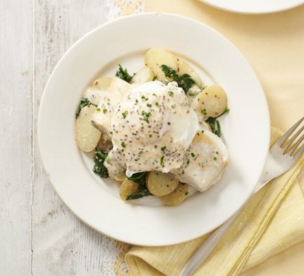 Smoked haddock with buttered spinach & mustard sauce recipe 
