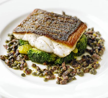 Pan-fried sea bass with broccoli recipe 