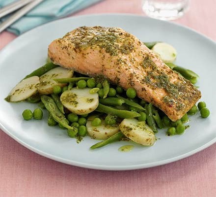 Spring salmon with minty veg recipe 