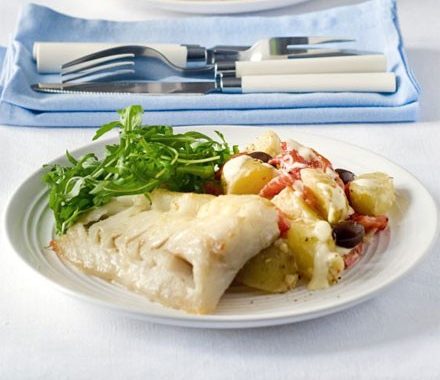 Grilled fish with new potato, red pepper & olive salad recipe