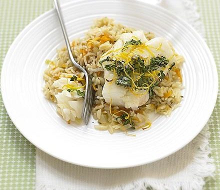 Coriander cod with carrot pilaf recipe
