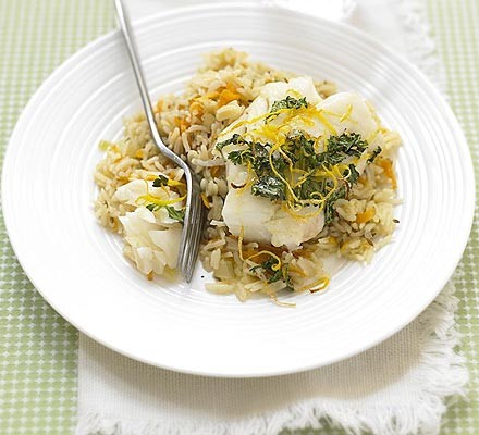 Coriander cod with carrot pilaf recipe 