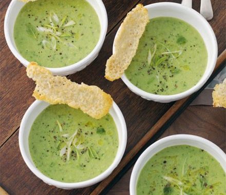 Pea, mint & spring onion soup with parmesan biscuits recipe