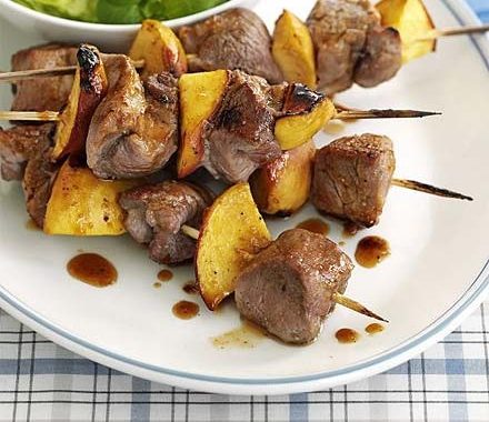 Pork & peach kebabs with Little Gem salad recipe