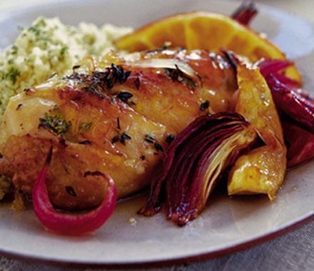 Citrus-spiked chicken with roasted red onions recipe