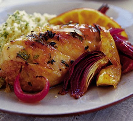Citrus-spiked chicken with roasted red onions recipe 