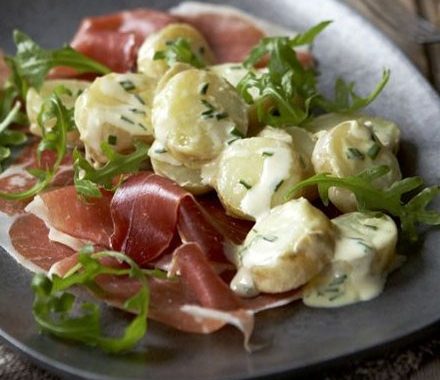 Warm new potatoes with cured ham & chives recipe