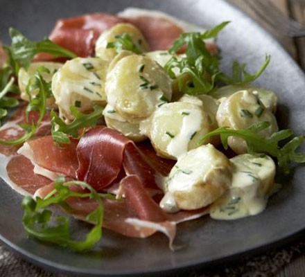 Warm new potatoes with cured ham & chives recipe 