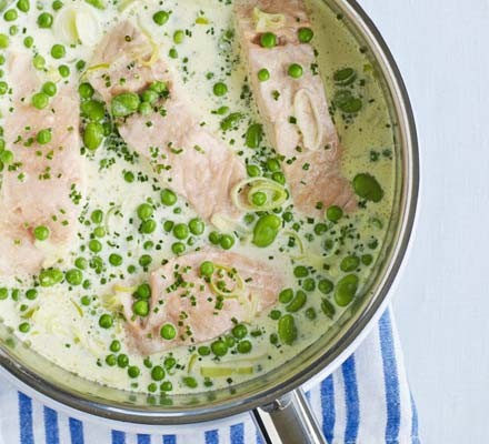Salmon with greens & crème fraîche recipe 