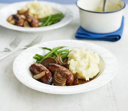 Sausages with quick onion gravy recipe