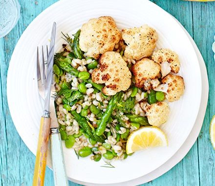 Roasted cauliflower with spring veg & barley salad recipe