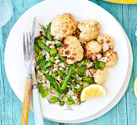 Roasted cauliflower with spring veg & barley salad recipe 
