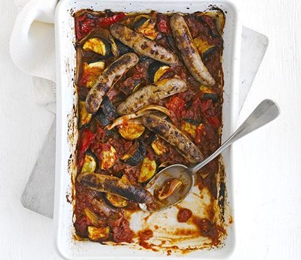 Oven-baked ratatouille & sausages recipe