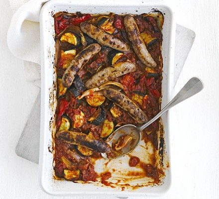Oven-baked ratatouille & sausages recipe 
