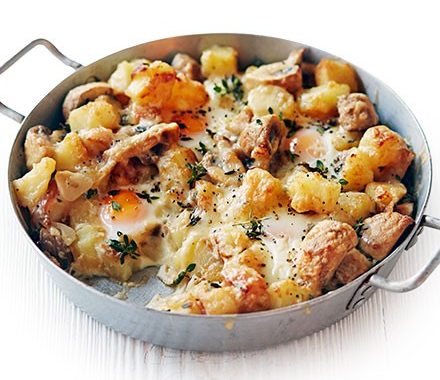 Baked eggs with potatoes, mushrooms & cheese recipe
