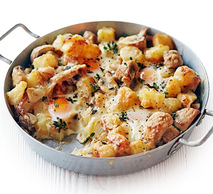 Baked eggs with potatoes, mushrooms & cheese recipe 