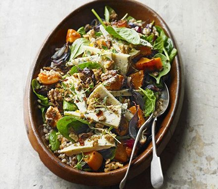 Blue cheese, butternut & barley salad with maple walnuts recipe