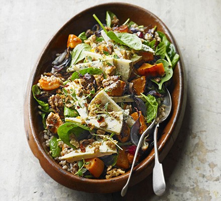 Blue cheese, butternut & barley salad with maple walnuts recipe 