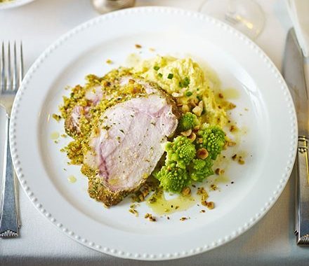 Butter-basted pork loin with stuffing crust & cheesy polenta recipe