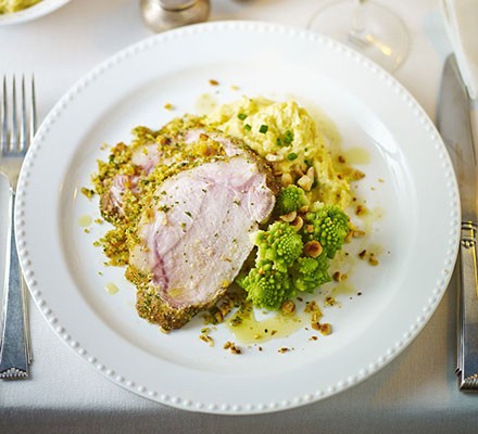Butter-basted pork loin with stuffing crust & cheesy polenta recipe 
