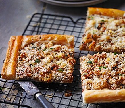 Caramelised onion puff pastry tart recipe