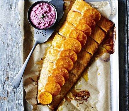 Clementine & vodka-baked salmon with beetroot crème fraîche sauce recipe