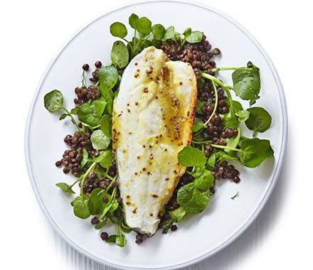 Honey & orange roast sea bass with lentils recipe
