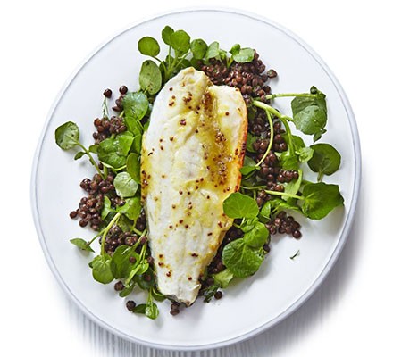Honey & orange roast sea bass with lentils recipe 