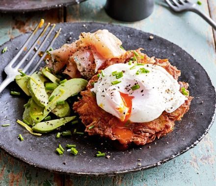 Horseradish latkes with avocado, gravadlax & poached eggs recipe