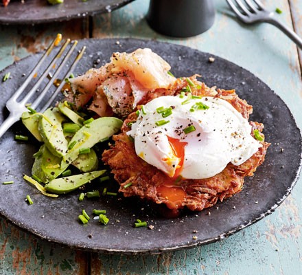 Horseradish latkes with avocado, gravadlax & poached eggs recipe 