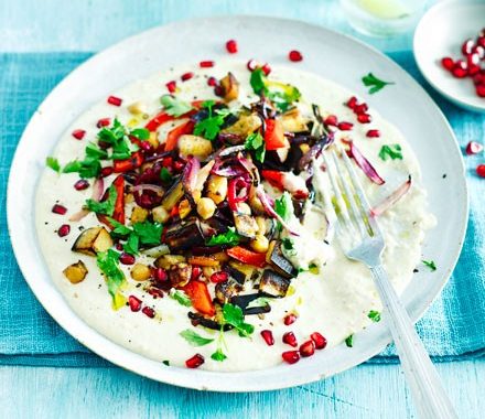 Lemon roast vegetables with yogurt tahini & pomegranate recipe