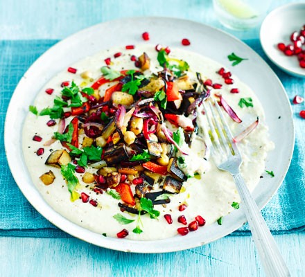 Lemon roast vegetables with yogurt tahini & pomegranate recipe 