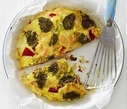 Oven-baked smoked salmon, pepper & pesto tortilla recipe