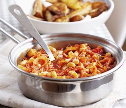 Better-than-baked beans with spicy wedges recipe