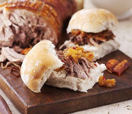 Slow-roast pork rolls with apple chilli chutney recipe