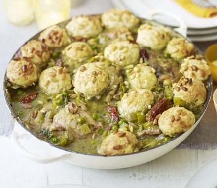 Pesto chicken stew with cheesy dumplings recipe